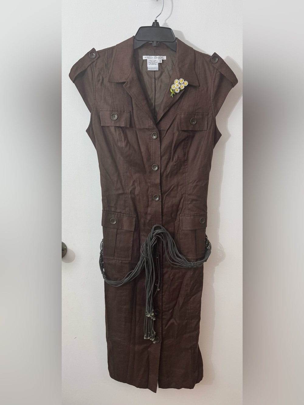 Maggy London Chocolate Brown Utility Midi Dress with Braided Waist Tie